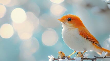 Wall Mural - A small orange bird sitting on top of a tree branch