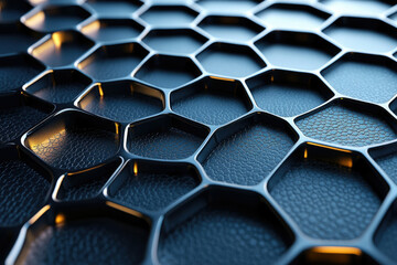 Poster - Abstract hexagonal metallic grid pattern on textured dark surface, illuminated with warm light.