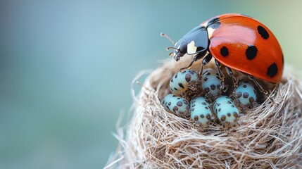 Poster - A ladybug sitting on top of a nest filled with eggs