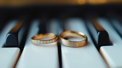 Wedding rings on a piano key, symbolizing the harmony and music of love