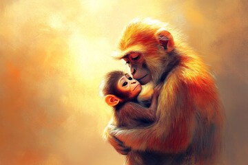 Sticker - A mother monkey holding a baby monkey in her arms