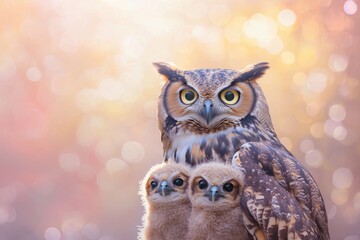 Canvas Print - A mother owl and her two young owls sitting on top of each other