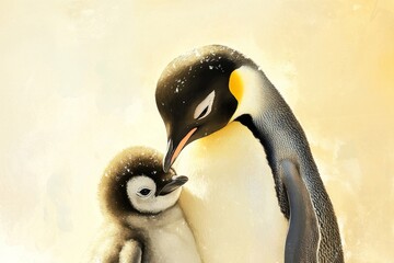 Wall Mural - A painting of a penguin and a baby penguin