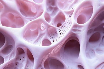 Poster - Abstract pink 3D rendering of a porous, spongy, organic structure with interconnected cavities.