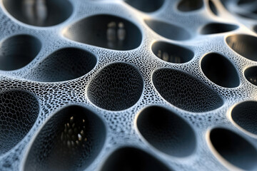 Poster - Abstract 3D rendering of a complex, interconnected network of holes and meshes, resembling a porous structure.