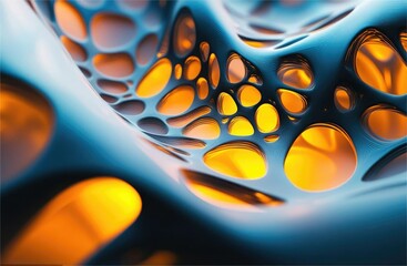 Poster - Abstract 3D rendering of a blue and orange organic, porous structure with glowing inner cavities.