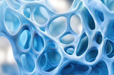 Poster - Abstract 3D rendering of a blue, porous, interconnected network resembling a sponge or cellular structure.