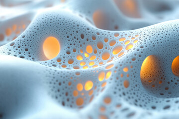 Poster - Abstract 3D rendering of a porous, undulating surface with glowing inner cavities.