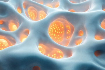 Poster - Abstract 3D rendering of a porous structure with glowing orange inner cavities, resembling a microscopic view of bone or a network.