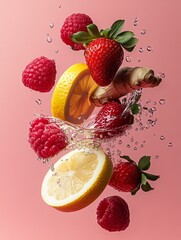 Wall Mural - A bunch of fruit falling into the water with a slice of lemon and raspberries