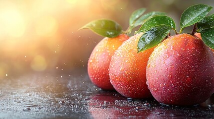 Wall Mural - A group of three peaches sitting on top of a table