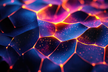 Poster - Abstract polygonal surface with glowing neon lines and vibrant color gradients.