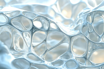 Poster - Abstract 3D rendering of a flowing, interconnected, light blue, metallic, porous structure.