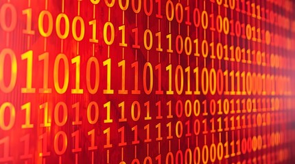 Binary code on red background, computing technology concept.