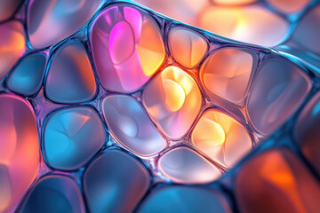 Aufkleber - Abstract close-up of iridescent, interconnected bubbles with vibrant, glowing colors.