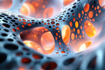 Poster - Abstract 3D render of a porous, biomorphic structure with glowing orange inner cavities.