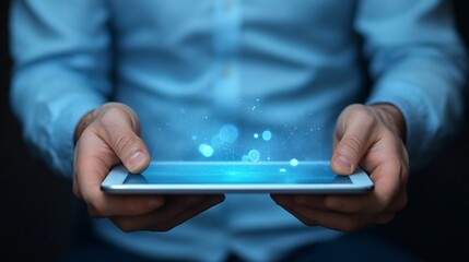 Poster - digital tablet technology futuristic blue glowing light abstract innovation modern business hands ho