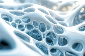 Poster - Abstract 3D rendering of a white, biomorphic structure with interconnected, organic holes.