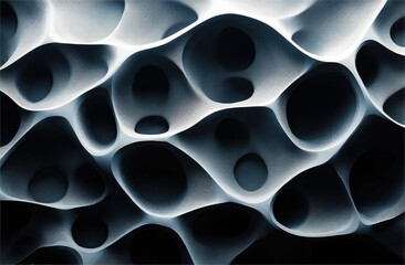 Poster - Abstract 3D render of a porous, cavernous, organic structure with a textured surface.
