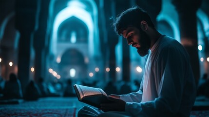 Poster - In a serene atmosphere illuminated by soft lights, a young asian muslim man with a beard engages deeply with a sacred text, finding peace amidst a community gathering at dusk