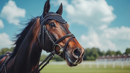 Canvas Print - A brown horse with a bridle standing in a field