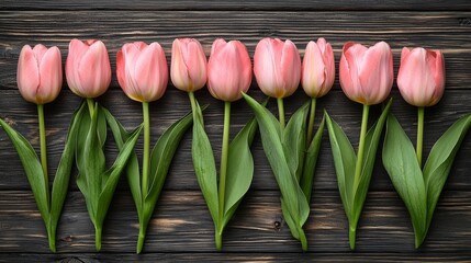 Poster - A row of pink tulips on a wooden surface