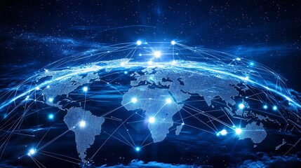 Poster - Global Network Connection Digital World Map Abstract Technology Background Futuristic Illuminated Earth Digital Data Network Internet Communication   