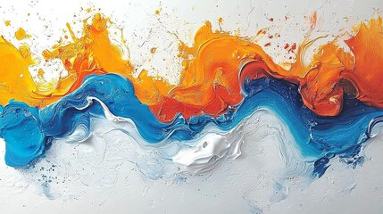 Wall Mural - A painting of orange, blue and white paint splatters on a white background