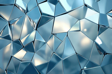 Poster - Abstract background of fragmented metallic polygons with a reflective, blue-toned surface.