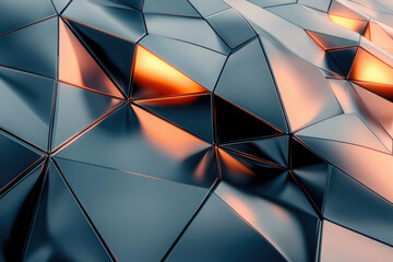 Poster - Abstract 3D render of a metallic, geometric surface with triangular facets and warm orange lighting.
