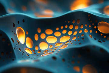 Poster - Abstract 3D render of a textured, undulating surface with glowing circular cutouts.