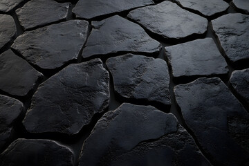 Poster - Dark, flat stones with a rough, organic surface are arranged closely together. The scene is naturally textured, and the stones are a deep, muted black.