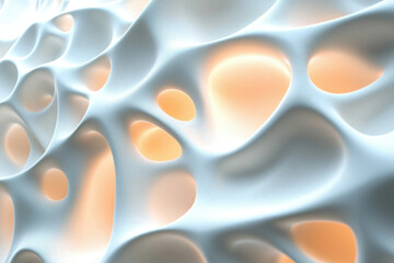 Poster - Abstract 3D rendering of a porous, organic-like structure with soft, glowing cavities.