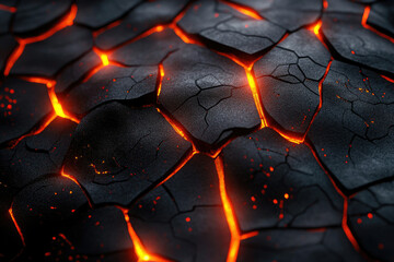 Poster - Glowing cracks in dark, volcanic rock surface reveal incandescent magma beneath.