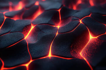 Poster - Glowing red lava flows through dark, cracked, textured surface. Abstract volcanic texture.