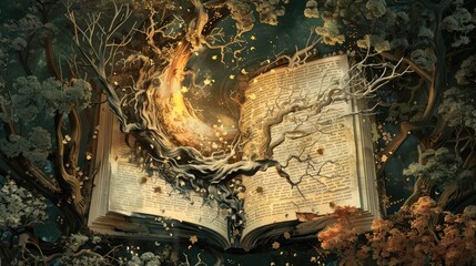 Wall Mural - Enchanted book surrounded by mystical trees, with flames and branches emerging, creating a magical atmosphere