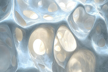 Poster - Abstract 3D render of a light gray organic form with numerous cavities and a textured surface.