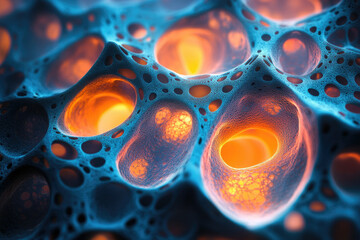 Poster - Abstract 3D render of a porous, sponge-like structure with glowing orange interiors and a teal exterior.