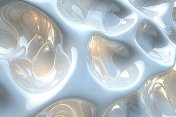 Wall Mural - Abstract image of flowing, metallic, light blue and beige shapes with glossy reflections.