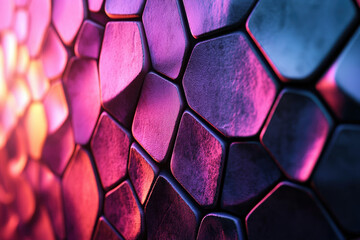 Poster - Abstract close-up of a textured metallic surface with hexagonal patterns illuminated by vibrant pink and purple light.