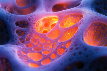 Poster - Abstract image depicting a porous, cavernous structure with glowing orange interiors, resembling a microscopic view of cellular or spongy material.