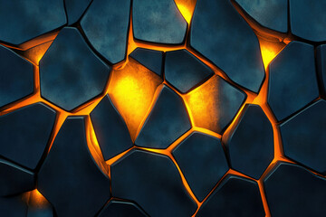 Aufkleber - Glowing orange light illuminates cracks in a dark, textured, polygonal surface.