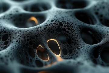 Poster - Abstract 3D render of a porous, cavernous structure with glowing inner light.