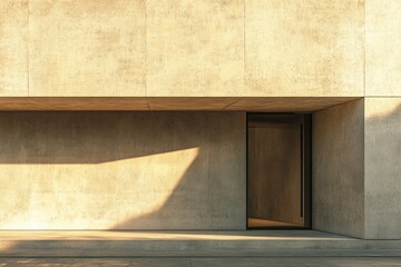 Poster - A minimalist structure showcases a seamless concrete exterior and a geometrical door opening, beautifully illuminated by warm sunset light