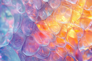 Poster - Abstract image of iridescent, bubbly, interconnected forms resembling a cellular structure or fluid dynamics.