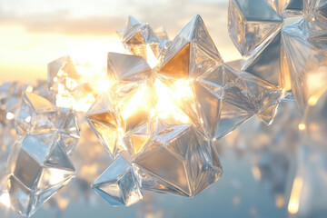 Poster - A cluster of translucent, geometric crystals illuminated by a warm sunset, creating a mesmerizing scene.