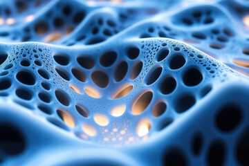 Poster - Abstract 3D render of a porous, undulating blue surface with glowing interiors, resembling cellular structure or foam.
