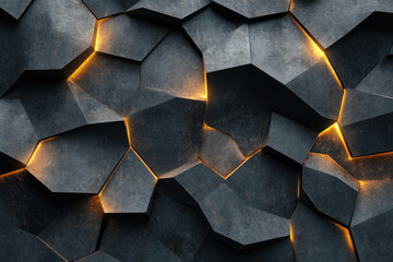Poster - Abstract dark grey geometric polygonal pattern with glowing orange lines.  Modern 3D design.