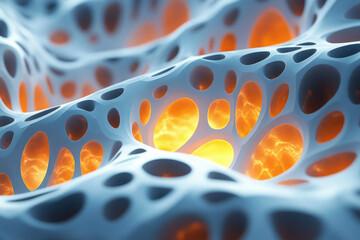 Poster - Abstract 3D render of a porous, undulating surface with glowing orange interiors.