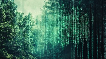 Poster - A striking display of green digital code merges seamlessly with a tranquil forest environment, showcasing the intersection of nature and technology